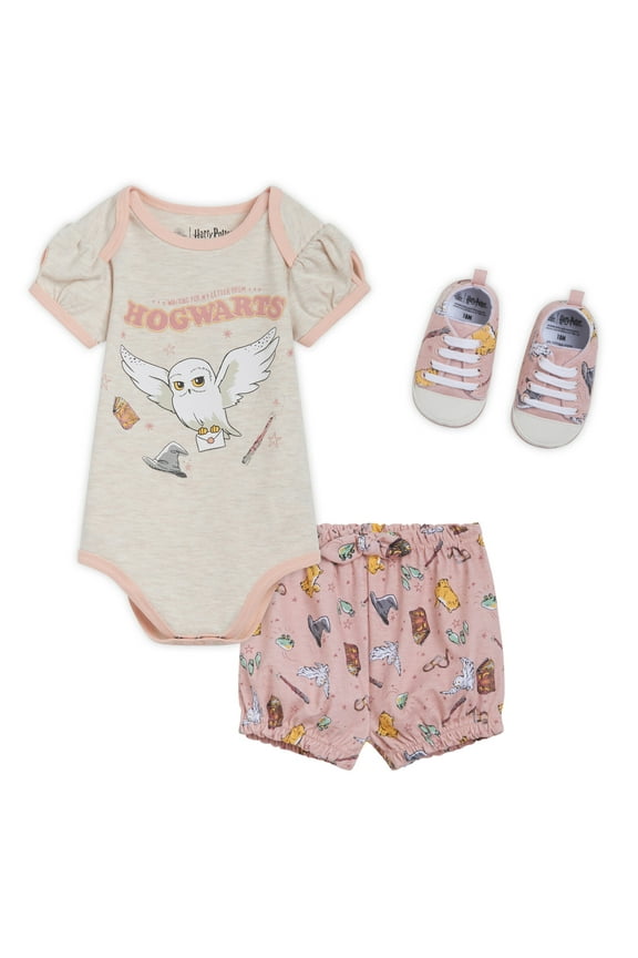 Hedwig Owl Bodysuit, Bubble Shorts and Shoes 3 Piece Outfit Set Newborn to Infant
