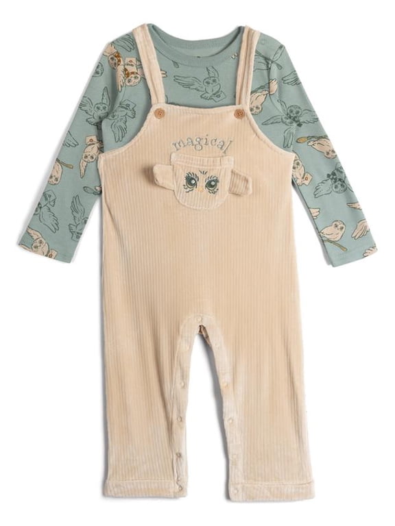 Hedwig Owl Corduroy Square Neck Ribbed Overall and T-Shirt Outfit Set Newborn to Infant