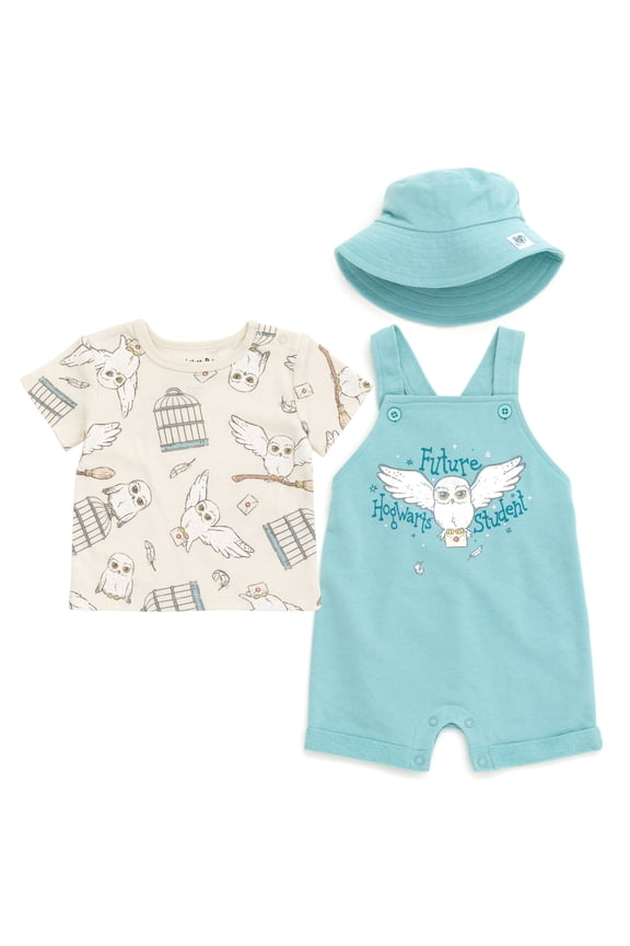 Hedwig Owl Infant Baby Boys French Terry Short Overalls T-Shirt and Hat 3 Piece Outfit Set Newborn to Infant