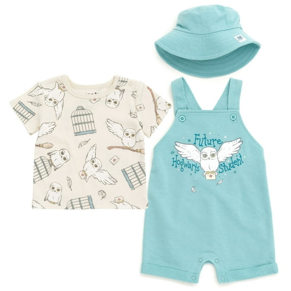 Harry Potter Hedwig Owl Infant Baby Boys French Terry Short Overalls T-Shirt and Hat 3 Piece Outfit Set Newborn to Infant