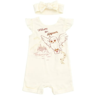 Harry Potter Hedwig Owl Infant Baby Girls French Terry Romper and Headband White 18 Months
