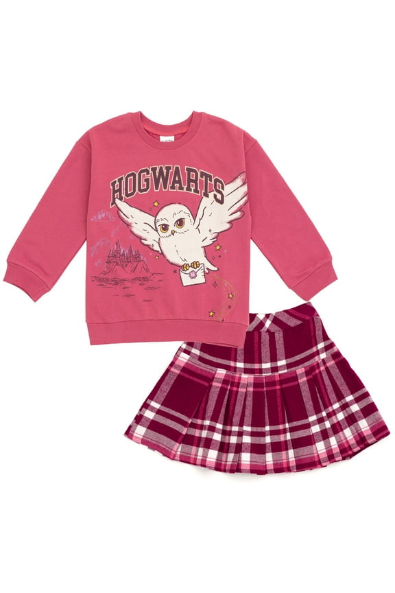 Hedwig Owl Little Girls Fleece Sweatshirt and Pleated Skirt Plaid Pink / Maroon 4