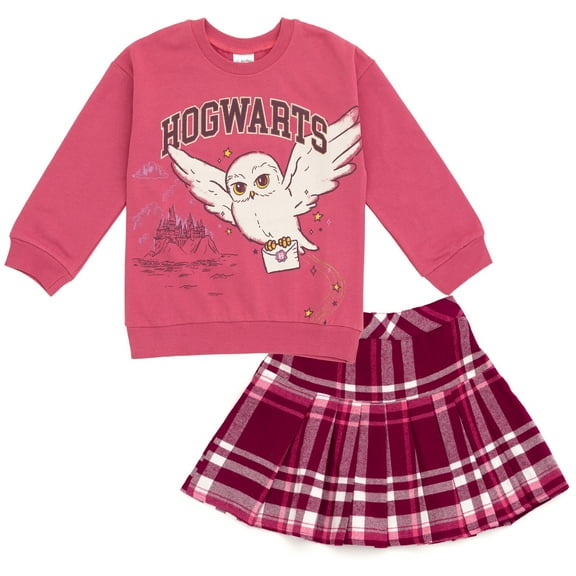 Harry Potter Hedwig Owl Little Girls Fleece Sweatshirt and Pleated Skirt Plaid Pink / Maroon 7-8