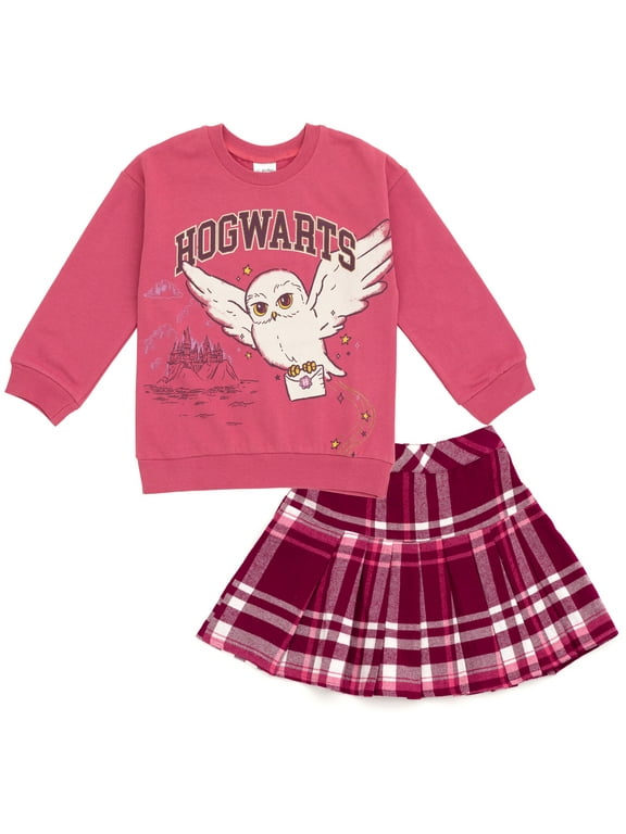 Little Girls' Fleece Sweatshirt and Plaid Pleated Skirt Set Hedwig Pink Maroon
