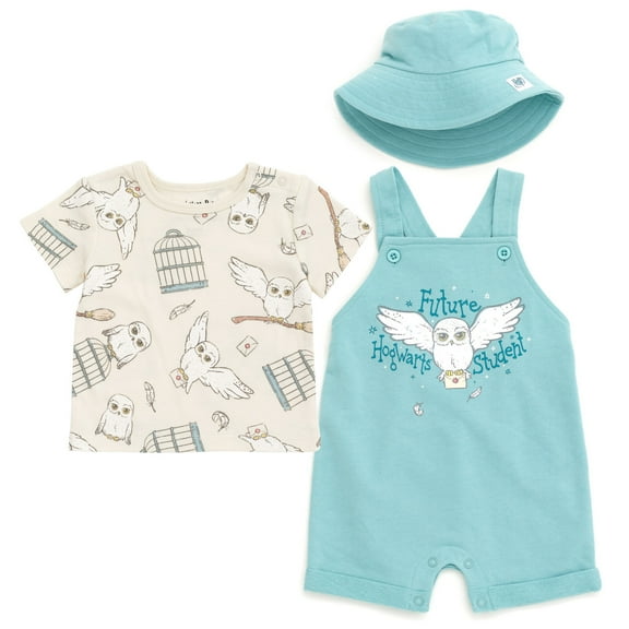 Harry Potter Baby Boys Hedwig Owl French Terry Short Overalls T-Shirt and Hat, 3-Piece Set (Newborn)