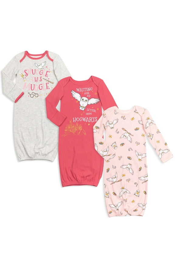 Hedwig Owl Newborn Baby Girls 3 Pack Sleeper Gown Red / Pink / Heather Grey Newborn