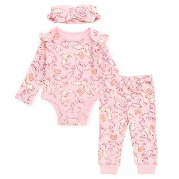 Harry Potter Hedwig Owl Ribbed Bodysuit, Jogger Pants and Headband 3 Piece Outfit Set Newborn to Infant
