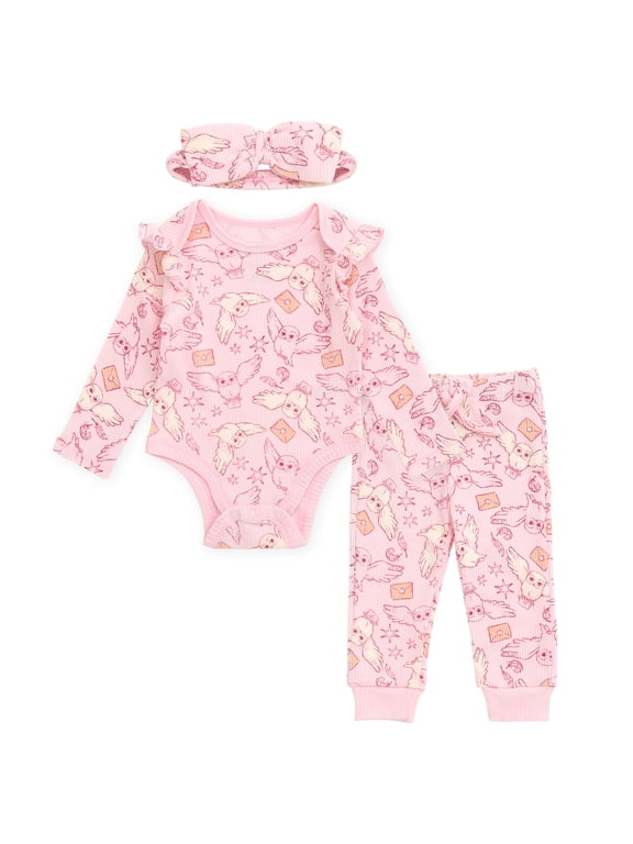Hedwig Owl Ribbed Bodysuit, Jogger Pants and Headband 3 Piece Outfit Set Newborn to Infant