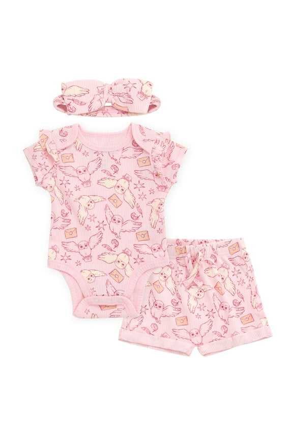Hedwig Owl Ribbed Bodysuit, Shorts and Headband 3 Piece Outfit Set Newborn to Infant