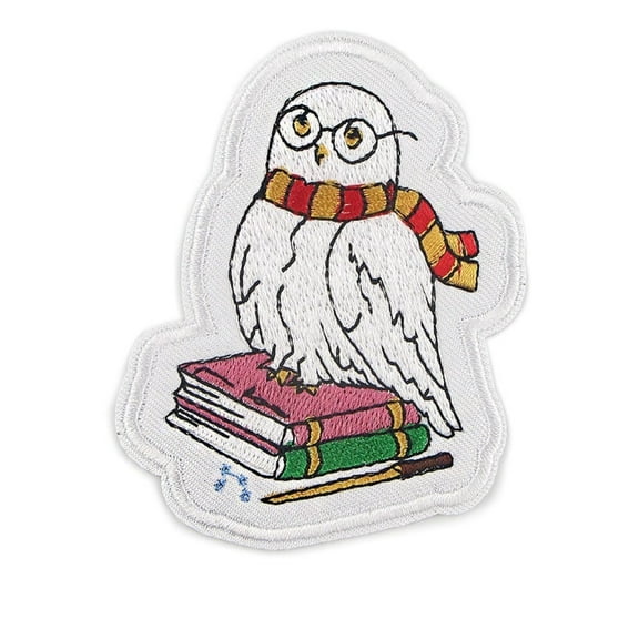 Harry Potter Hedwig Owl Sitting on Books 3.5" Tall Embroidered Iron On Patch