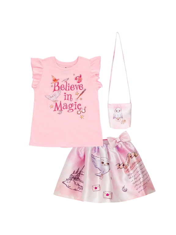 Hedwig Owl Tank Top, Satin Skirt and Bag 3 Piece Outfit Set Tie Dye Toddler to Big Kid