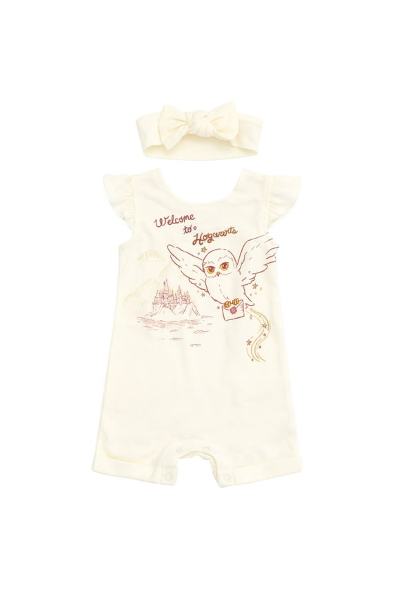 Hedwig Owl Toddler Girls French Terry Romper and Headband White 2T