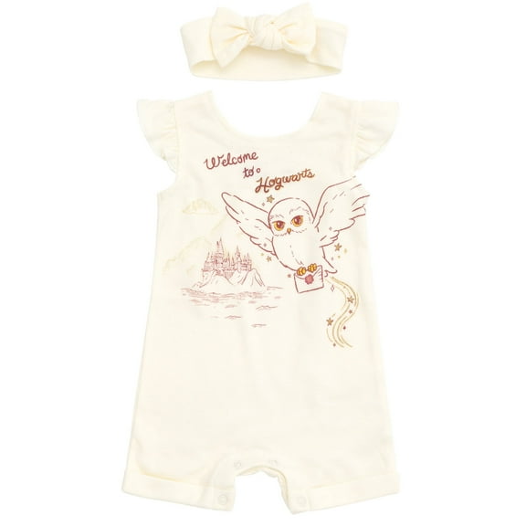 Harry Potter Hedwig Owl Toddler Girls French Terry Romper and Headband White 3T