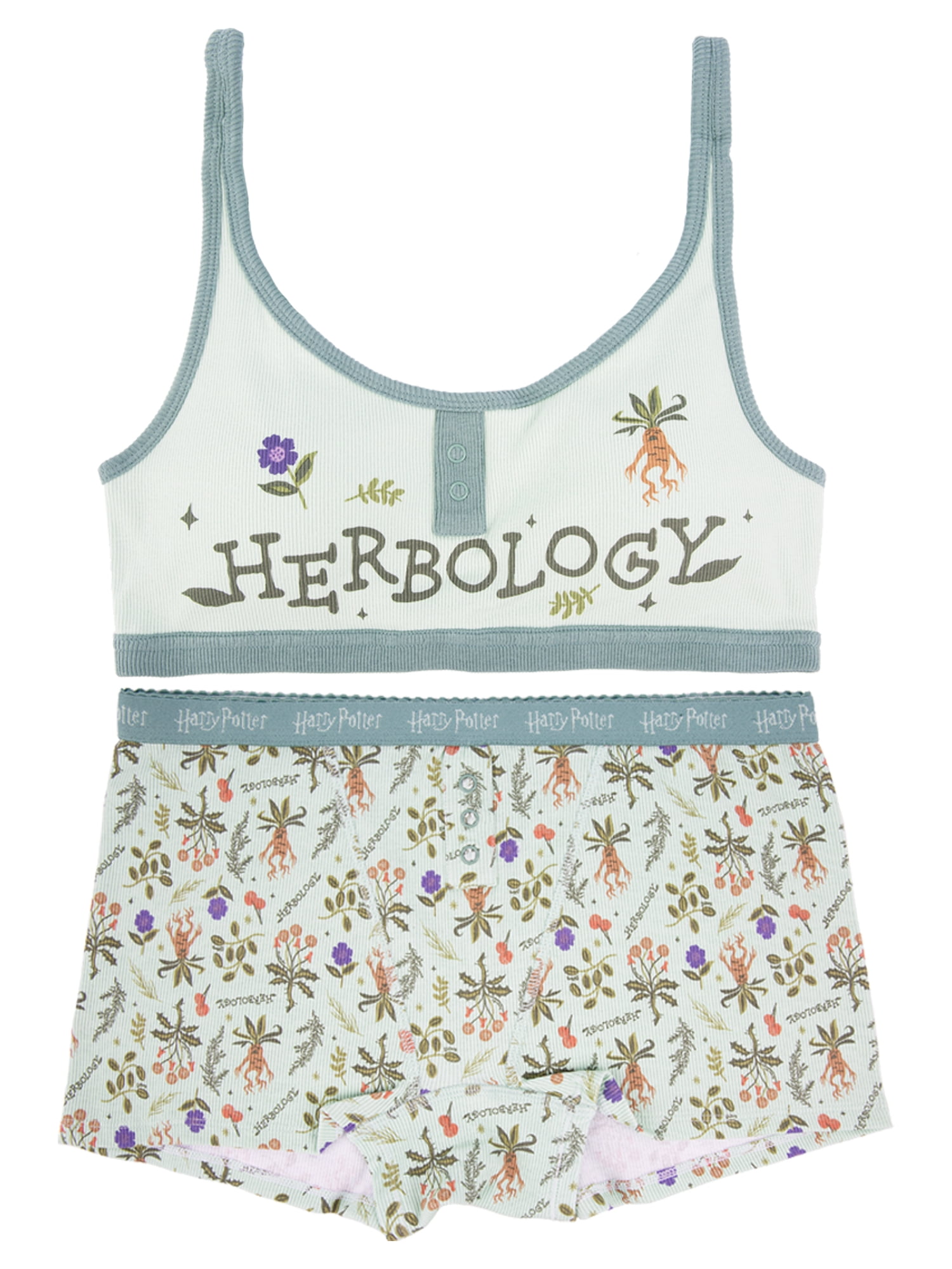 Harry Potter Herbology Junior's 2-Piece Ribbed Knit Bralette and Boxer Brief Set, Size Small to Extra Large