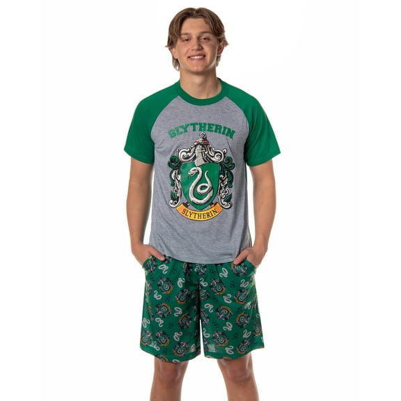 Harry Potter Hogwarts Castle Men's House Crest 2 Piece Raglan Pajama Short Set Gryffindor Slytherin Ravenclaw Hufflepuff