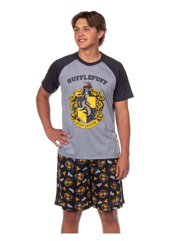 Harry Potter Hogwarts Castle Men's House Crest 2 Piece Raglan Pajama Short Set Gryffindor Slytherin Ravenclaw Hufflepuff
