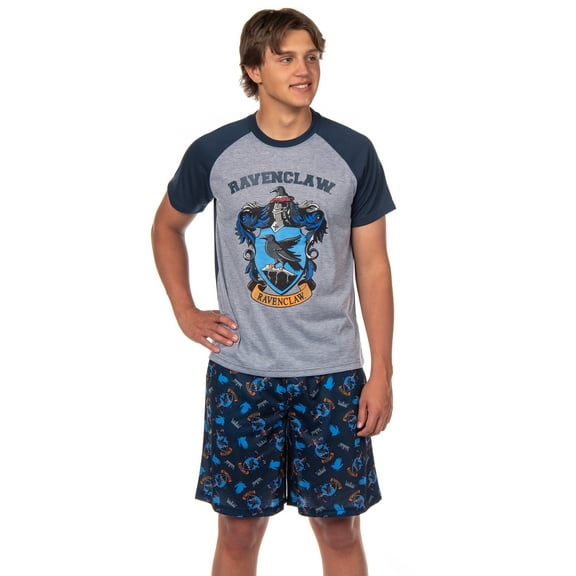 Harry Potter Hogwarts Castle Men's House Crest 2 Piece Raglan Pajama Short Set Gryffindor Slytherin Ravenclaw Hufflepuff