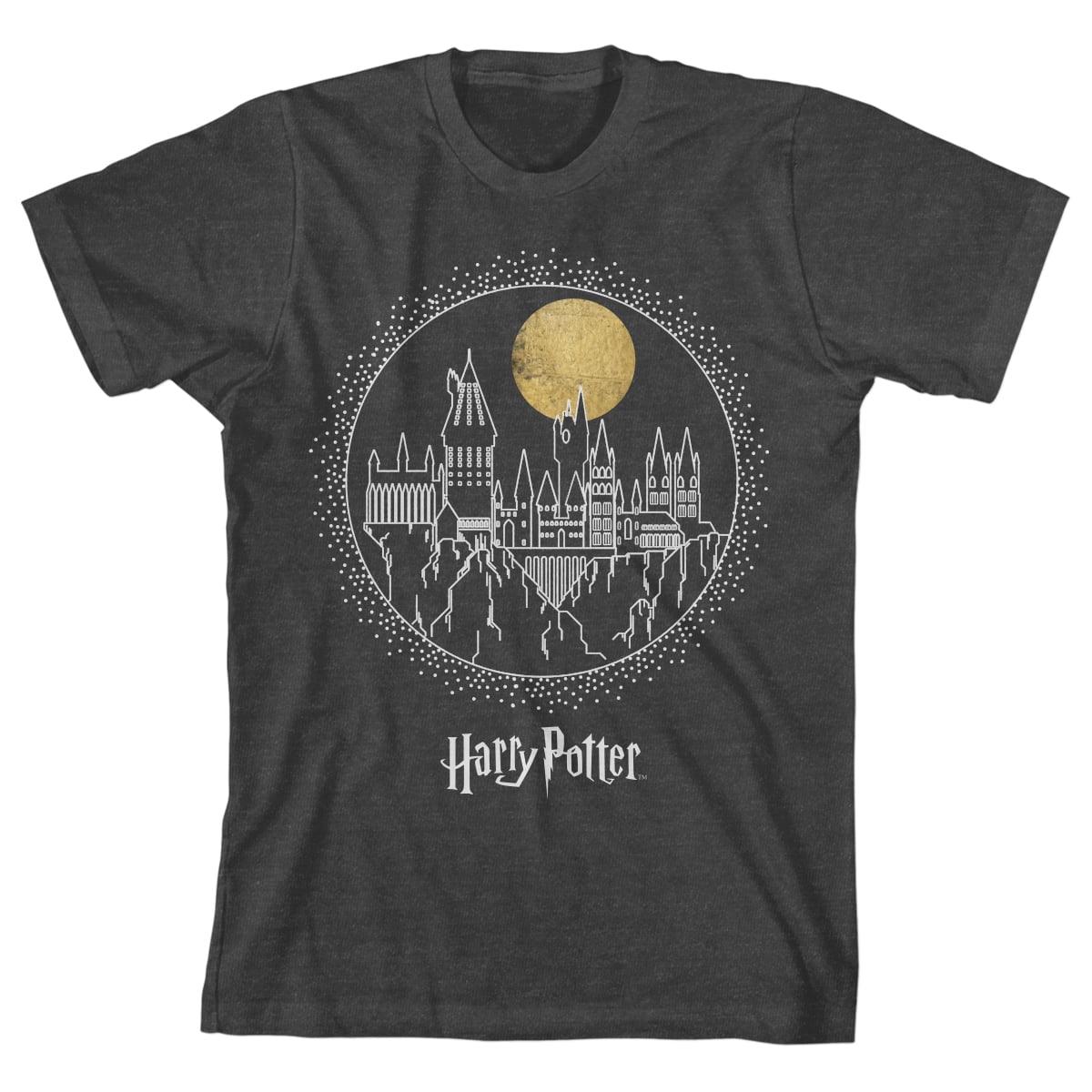 Harry Potter Hogwarts Castle Moonlight Line Art Boy's Charcoal Heather T- shirt-Large