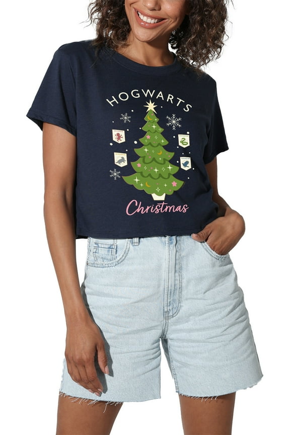 Hogwarts Christmas Tree Women's Crop Top T-Shirt, Navy, Large