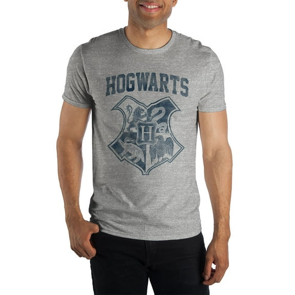 Harry Potter Hogwarts Crest Four Houses Gryffindor Slytherin Hufflepuff Ravenclaw Men's Gray Tee T-Shirt Shirt-Small