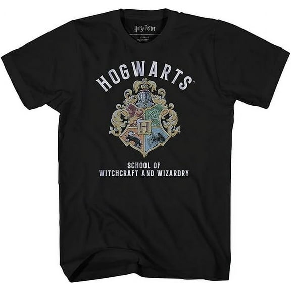Harry Potter Hogwarts Crest Logo 'School of Witchcraft and Wizardry' Kids / Youth Boys & Girls T-Shirt, Black Tee, X-Large