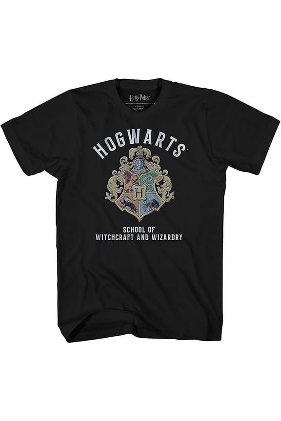 Harry Potter Hogwarts Crest Logo 'School of Witchcraft and Wizardry' Kids / Youth Boys & Girls T-Shirt, Black Tee, X-Large