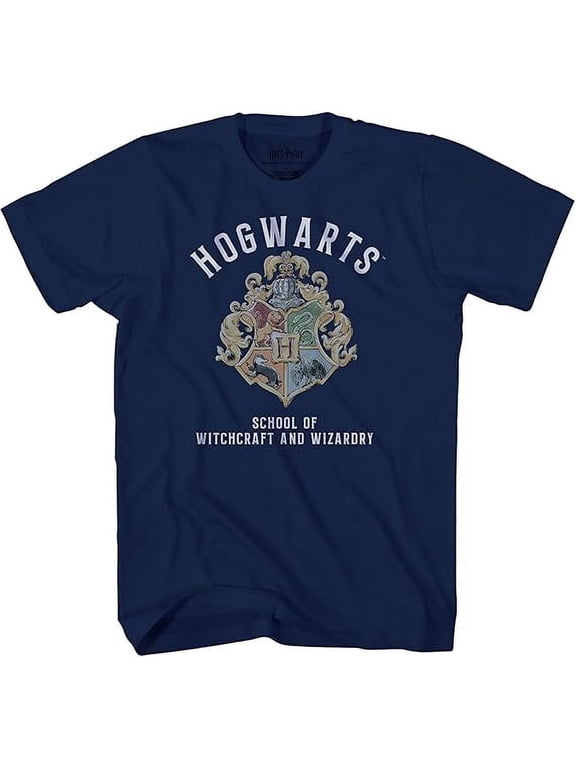 Harry Potter Hogwarts Crest Logo 'School of Witchcraft and Wizardry' Kids / Youth Boys & Girls T-Shirt, Navy Tee, Medium