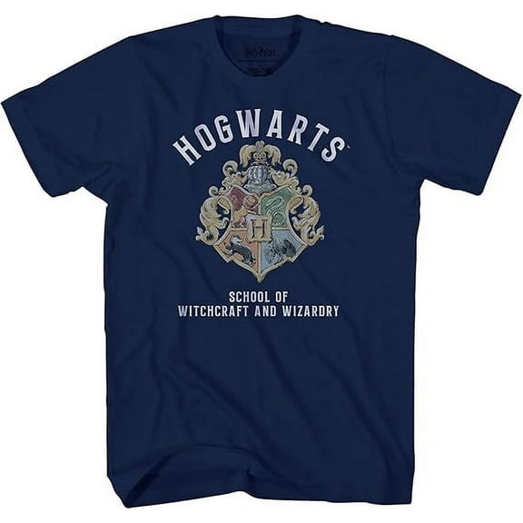 Harry Potter Hogwarts Crest Logo 'School of Witchcraft and Wizardry' Kids / Youth Boys & Girls T-Shirt, Navy Tee, Small