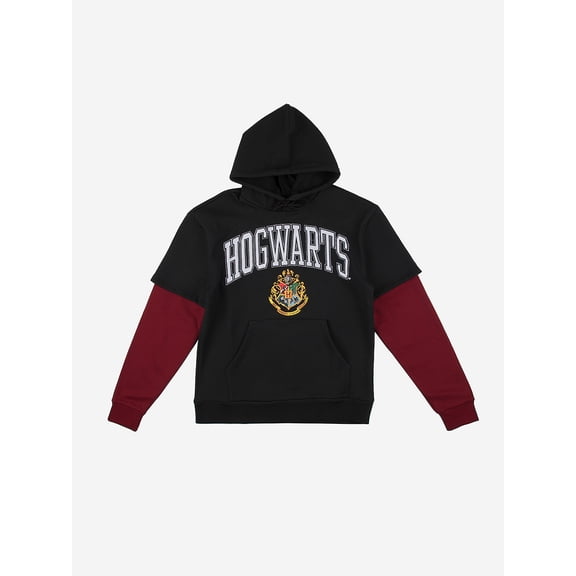 Harry Potter Hogwarts Crest Long Sleeve Black Adult Layered Hoodie-Large