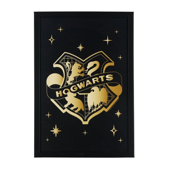 Harry Potter Hogwarts Crest Starry Framed Wood Wall Decor for Man Cave, Movie Room, or Game Room