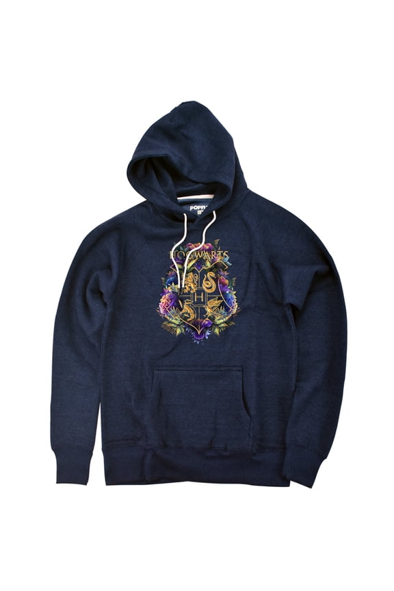 Hogwarts Floral Crest Unisex Adult Slim Fit Pull-Over Heather Hoodie, Navy, Small