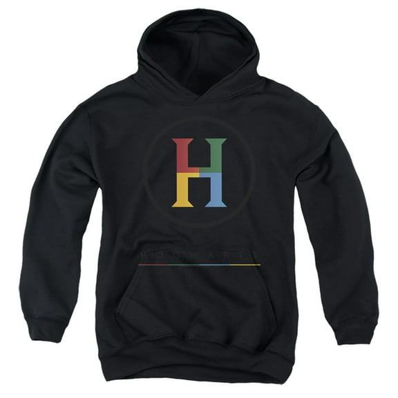 Harry Potter Hogwarts Four Colored 'H' Logo Kids Pull-Over Hoodie (X-Large) for Youth Boys and Girls, Black