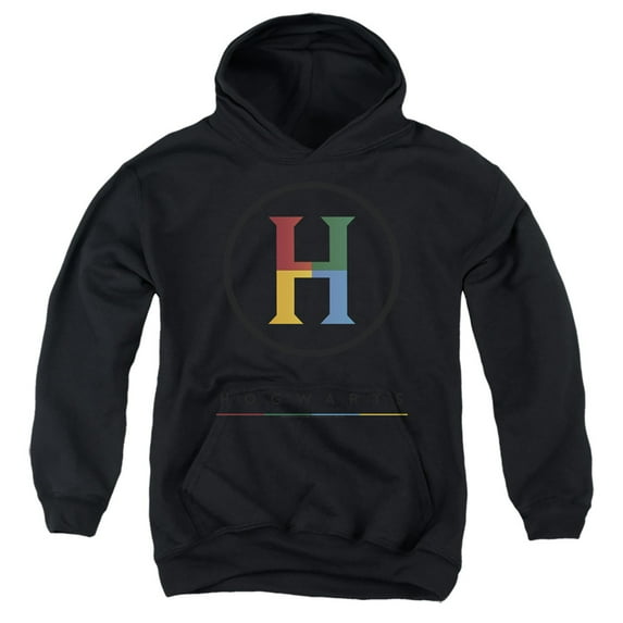 Harry Potter Hogwarts Four Colored 'H' Logo Kids Pull-Over Hoodie (X-Large) for Youth Boys and Girls, Black