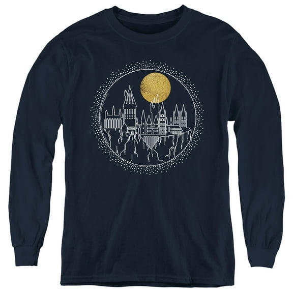 Harry Potter Hogwarts Full Moon Line Art Kids Long Sleeve T Shirt (Medium) for Youth Boys and Girls, Navy
