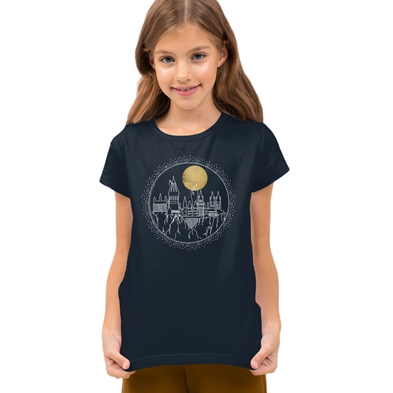 Harry Potter Hogwarts Full Moon Line Art Kids T Shirt (Small) for Youth Toddler Boys and Girls, Navy