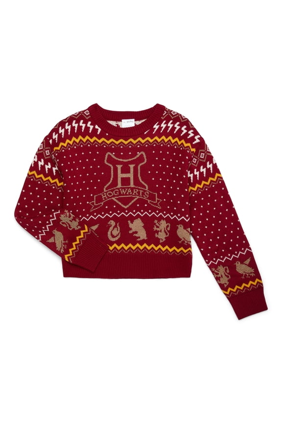 Harry Potter Hogwarts Girls Metallic Lurex Holiday Sweater, Sizes 4-16