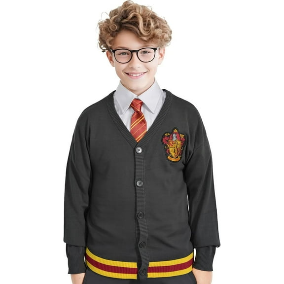 Harry Potter Hogwarts Gryffindor House Long Sleeves Cardigan Sweaters, Button Down Knitwear for Youth & Young Adults, Unisex - Gray with Red, Medium