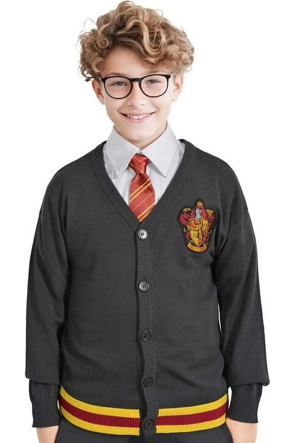 Harry Potter Hogwarts Gryffindor House Long Sleeves Cardigan Sweaters, Button Down Knitwear for Youth & Young Adults, Unisex - Gray with Red, Medium