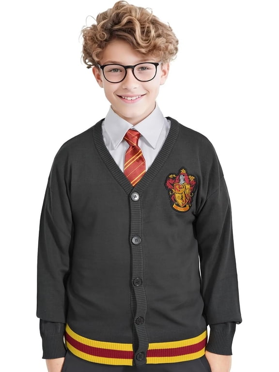 Harry Potter Hogwarts Gryffindor House Long Sleeves Cardigan Sweaters, Button Down Knitwear for Youth & Young Adults, Unisex - Gray with Red, Small