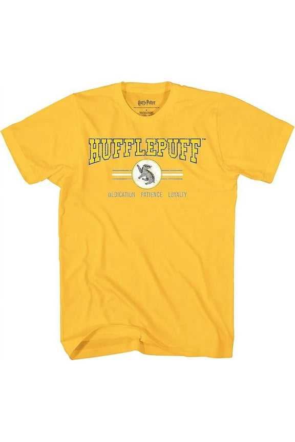 Harry Potter Hogwarts House Hufflepuff 'Dedication Patience and Loyalty' Slogan T-Shirt for Boys & Girls, Youth Yellow Tee, X-Large