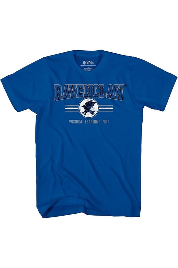 Harry Potter Hogwarts House Ravenclaw 'Wisdom Learning Wit' Slogan T-Shirt for Boys & Girls, Youth Blue Tee, Large