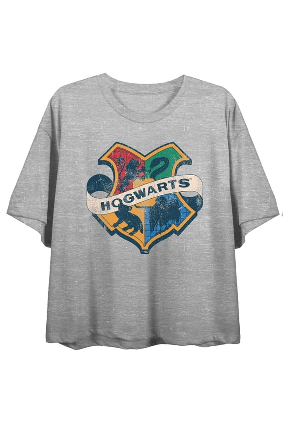 Harry Potter Hogwarts Houses School Crest Juniors Heather Grey Crop Top-Large