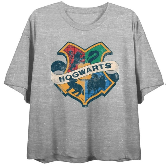 Harry Potter Hogwarts Houses School Crest Juniors Heather Grey Crop Top-Small