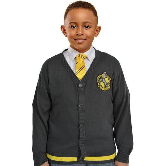 Harry Potter Hogwarts Hufflepuff House Long Sleeves Cardigan Sweaters, Button Down Knitwear for Youth & Young Adults, Unisex - Gray with Yellow, Small