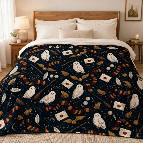 Harry Potter Hogwarts Magic Symbols Flannel Throw Blanket, Hedwig Owl Golden Snitch Broomstick Scarf Wizard Pattern Blanket, Cozy Home Blankets Gift for Potter Fans Bedroom Couch