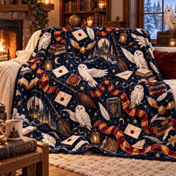 Harry Potter Hogwarts Magic Symbols Flannel Throw Blanket, Hedwig Owl Golden Snitch Broomstick Scarf Wizard, for Cozy Movie Nights