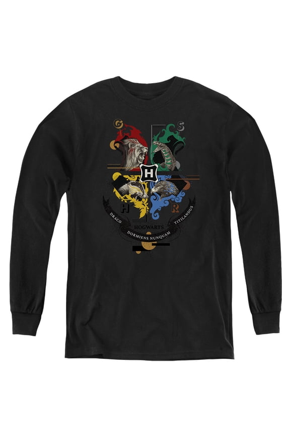 Hogwarts Magicial Mischief Level Up Crest Kids Long Sleeve T Shirt (Medium) for Youth Boys and Girls, Black