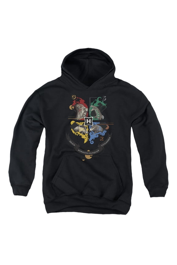 Harry Potter Hogwarts Magicial Mischief Level Up Crest Kids Pull-Over Hoodie (Large) for Youth Boys and Girls, Black