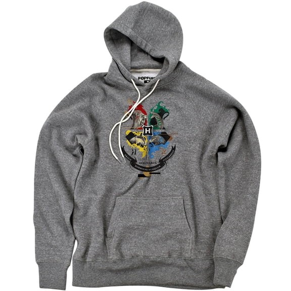 Harry Potter Hogwarts Magicial Mischief Level Up Crest Unisex Adult Slim Fit Pull-Over Heather Hoodie, Athletic Heather, Small