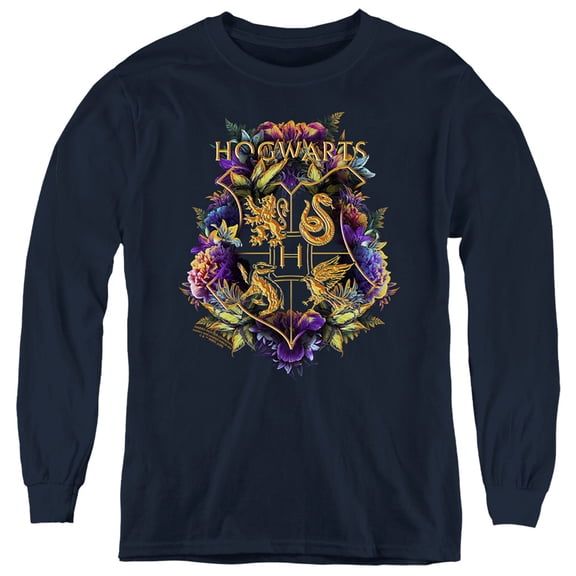 Harry Potter Hogwarts Multi-Colored Floral Crest Kids Long Sleeve T Shirt (X-Large) for Youth Boys and Girls, Navy